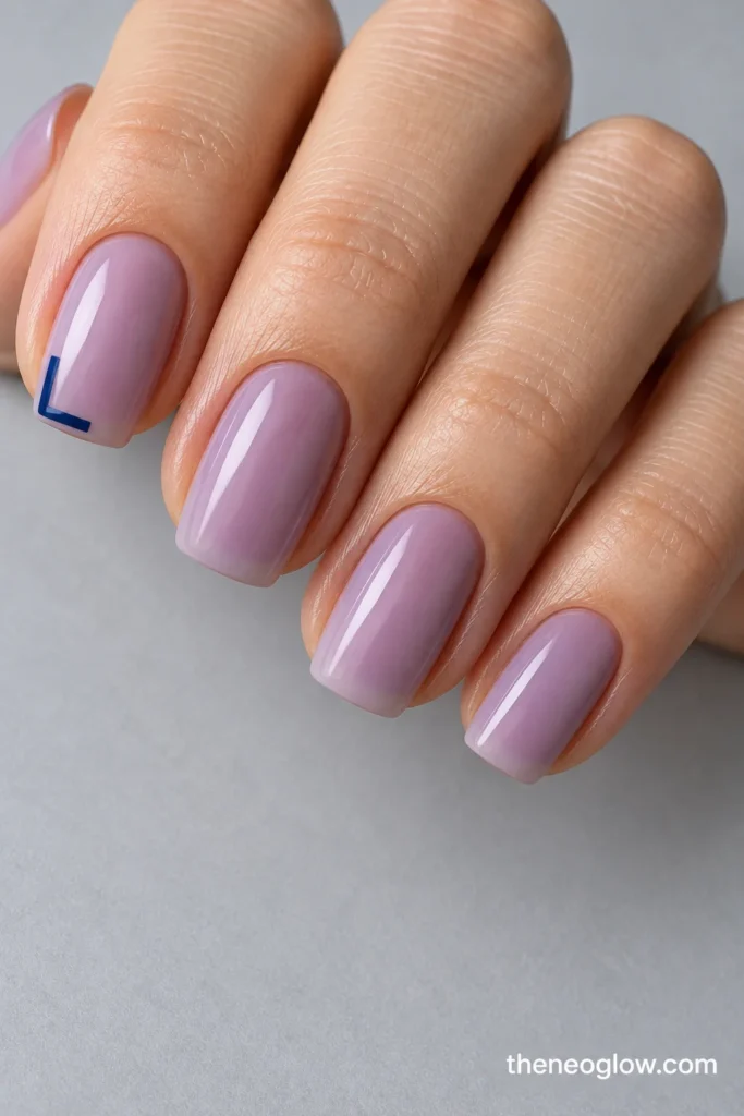Medium lilac squoval nails with one small navy L-shaped tip-corner bracket on the index nail.