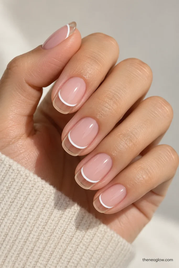 Negative-space French tips with open sections and a defined outline over a sheer base.