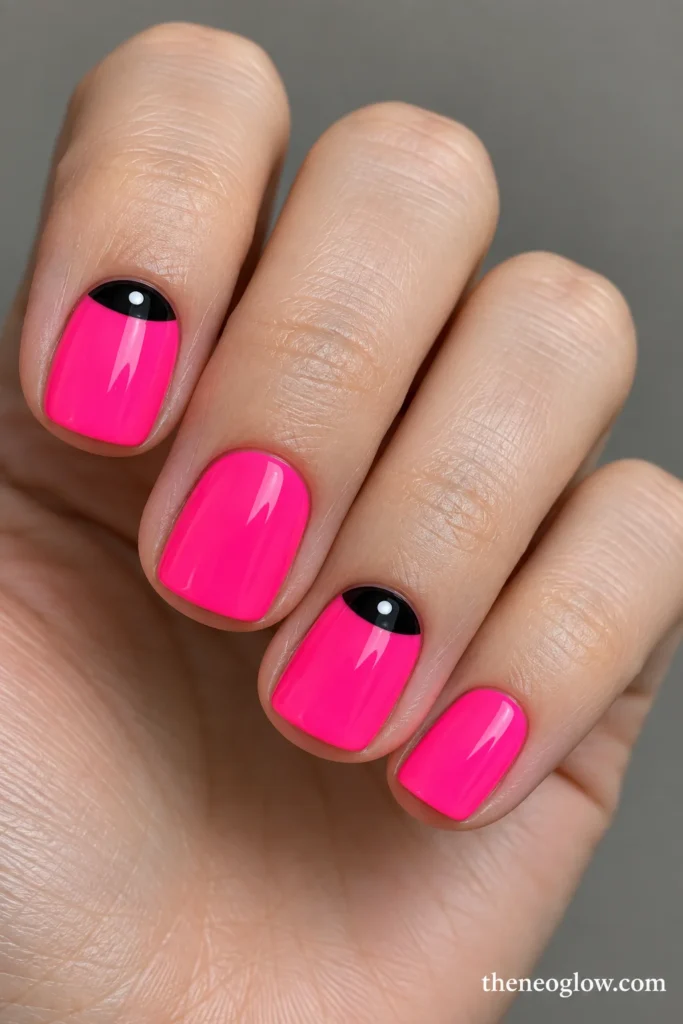 Short neon pink soft-square nails with black eye-like half-moons at the cuticles.