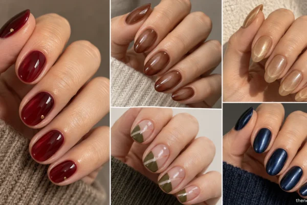 Editorial collage of cocoa, olive, cranberry, warm pearl, and navy November manicures.