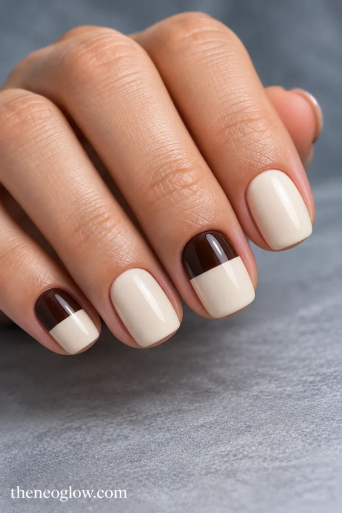 Short squoval acrylic nails in oat cream with straight espresso-brown upper halves on the index and ring nails.