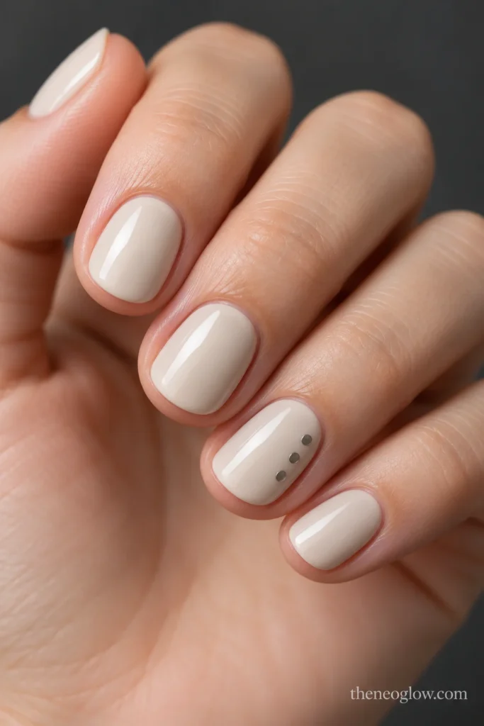 Very short round oat-cream nails with three tiny pewter side dots on one accent nail.