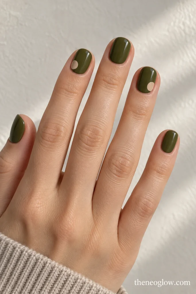 Short olive-green round nails with small nude-beige circles on the index and ring fingers.