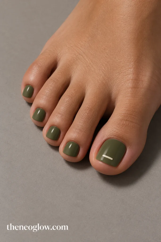 Muted olive-green toenails with one narrow ivory horizontal dash near the lower side of each big toenail.