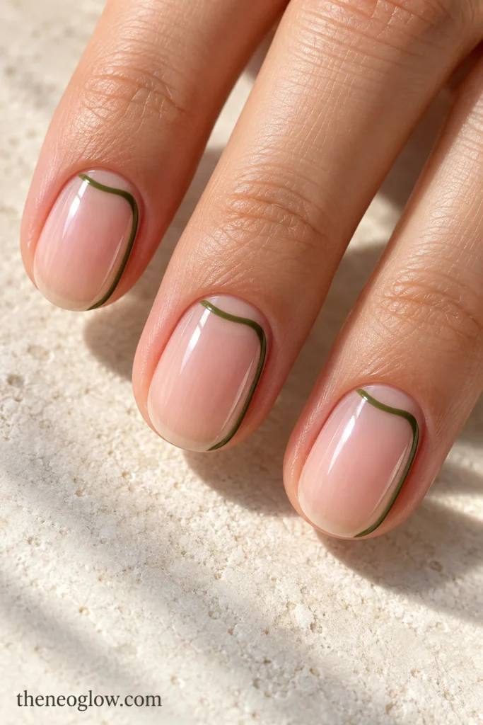 Short oval nails with an olive cuticle crescent connected to one outer tip corner.