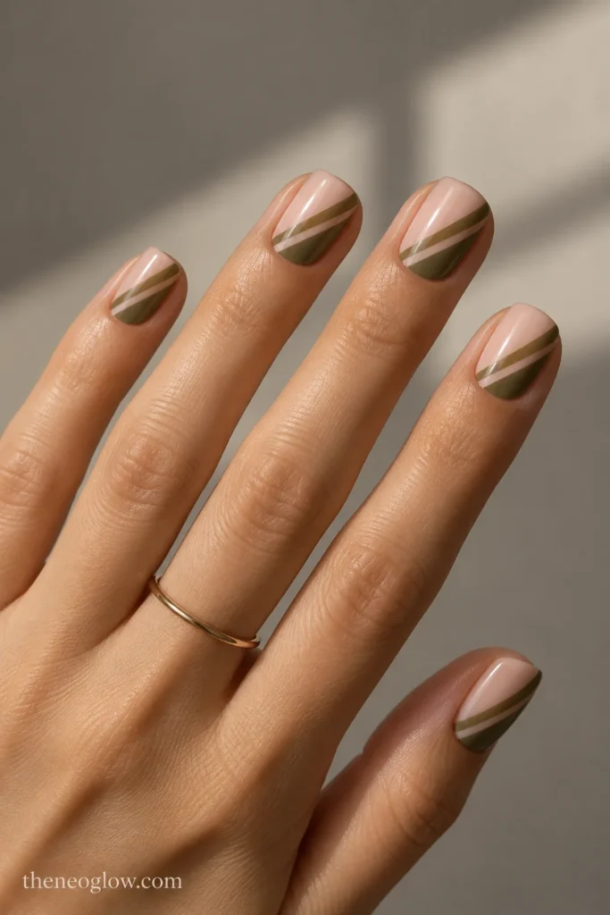 Short soft-square nails with muted olive diagonal fields and narrow negative-space slashes.