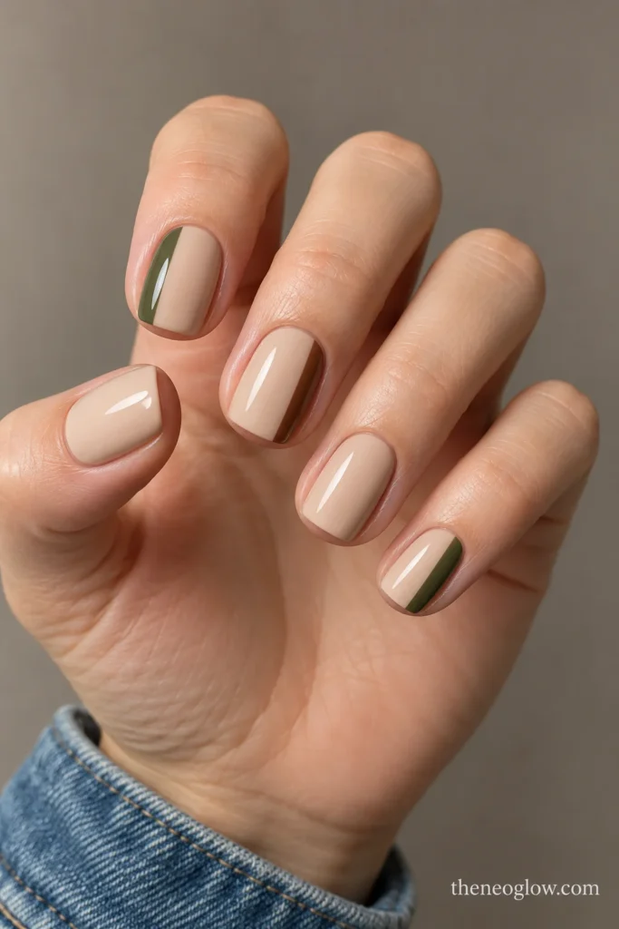 Short square beige nails with slim olive and walnut side blocks and open centers.