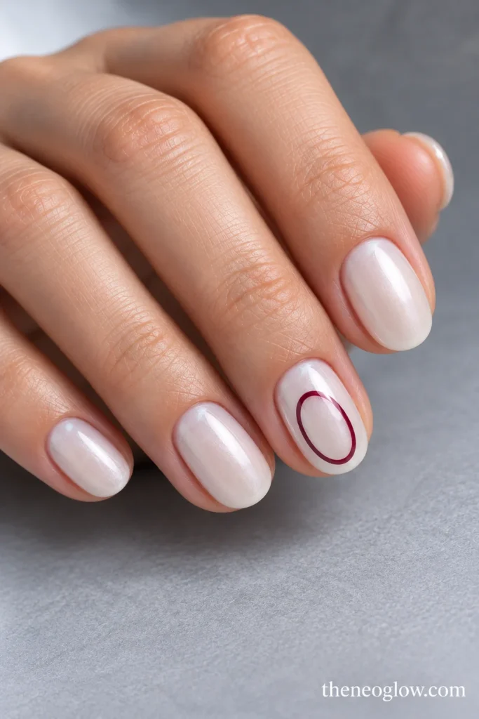 Shallow-oval opal pearl acrylic nails with a fine burgundy oval outline on the ring finger.