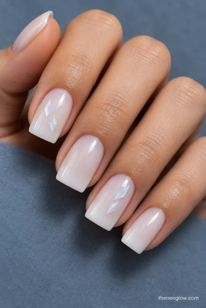 Medium square nails with translucent milky-white jelly polish and small opalescent kite-shaped flecks on two accents.