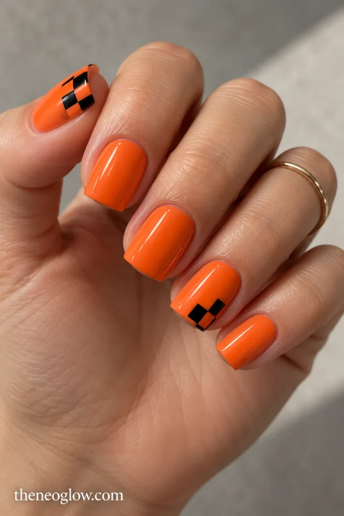 Tangerine short square acrylics with black-and-orange checkerboard corners on the thumb and ring finger.