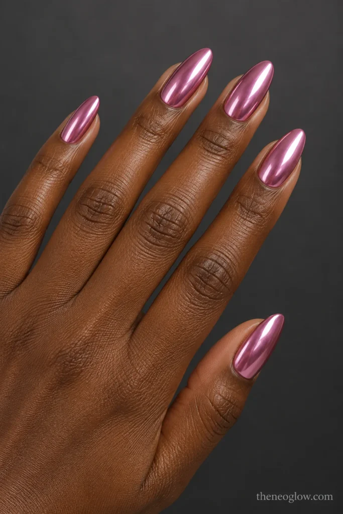 Medium almond nails coated in reflective pearlescent orchid-pink chrome with no additional artwork.
