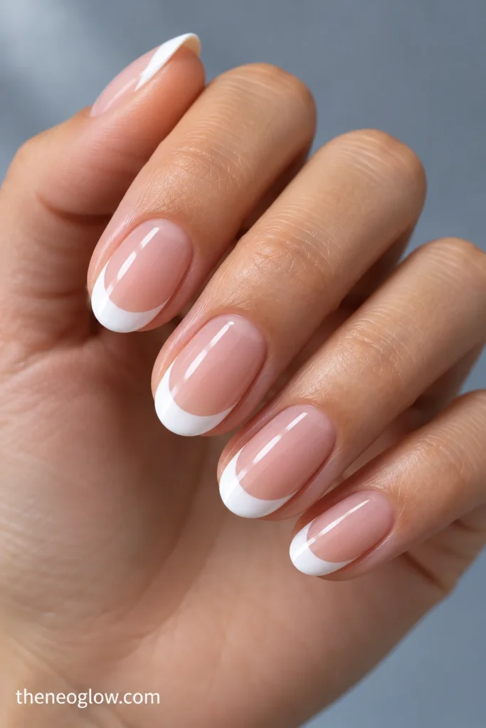 Medium-short oval nails with evenly curved glossy white French tips over translucent rosy pink.