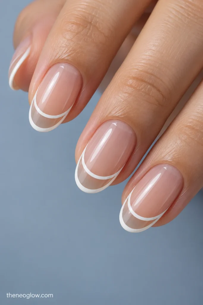 Oval nails with white French tip outlines connected at the sides, leaving the center of each tip transparent.