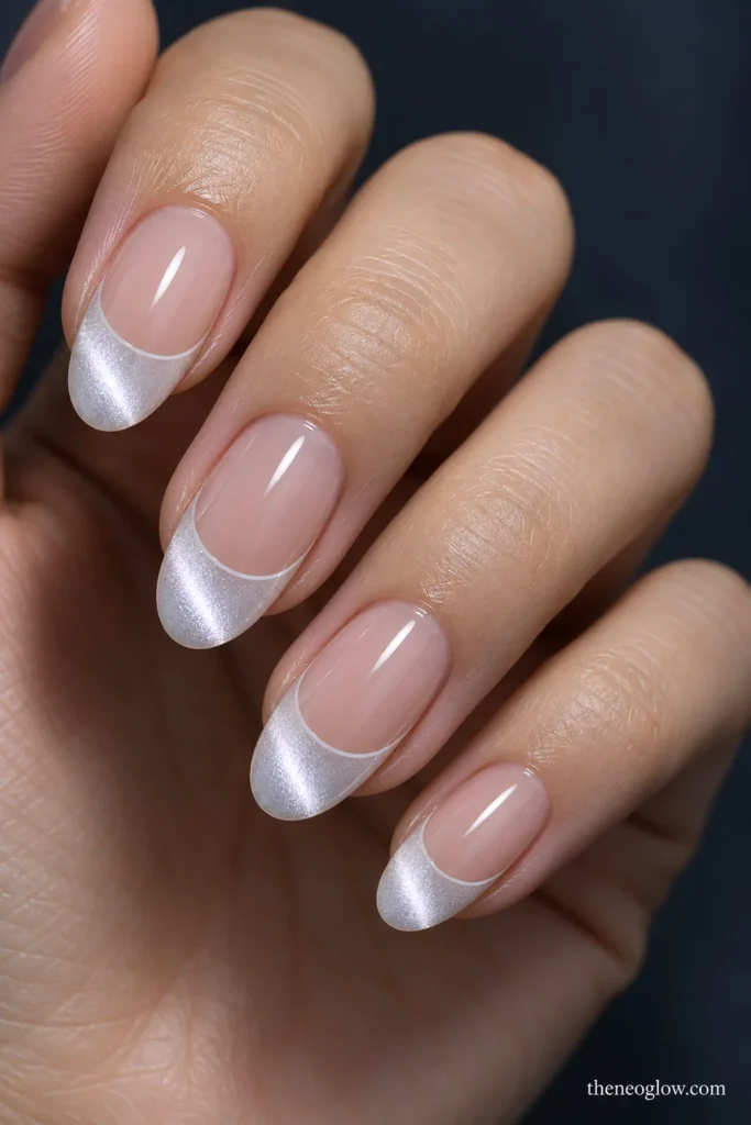 Medium oval nails with icy-white magnetic French tips showing diagonal silver-pearl light beams.