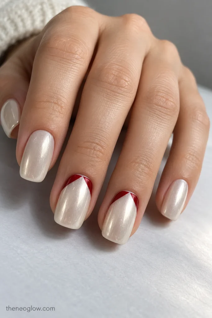 Oyster-pearl rounded-square nails with paired ruby-red triangular envelope folds near the cuticles of two accents.
