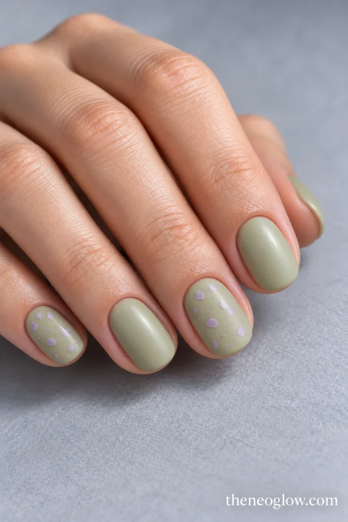 Shallow-oval acrylic nails in satin pale olive with uneven lilac terrazzo speckles on the index and ring fingers.