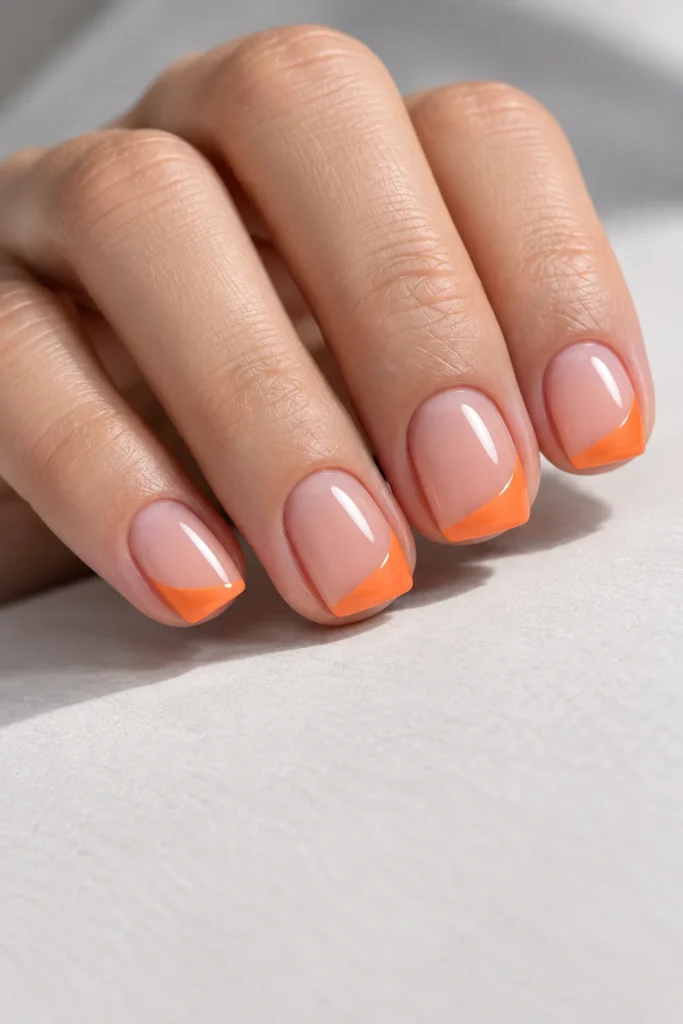 Short squoval acrylic nails with translucent caramel-pink bases and asymmetric papaya-orange French tips.