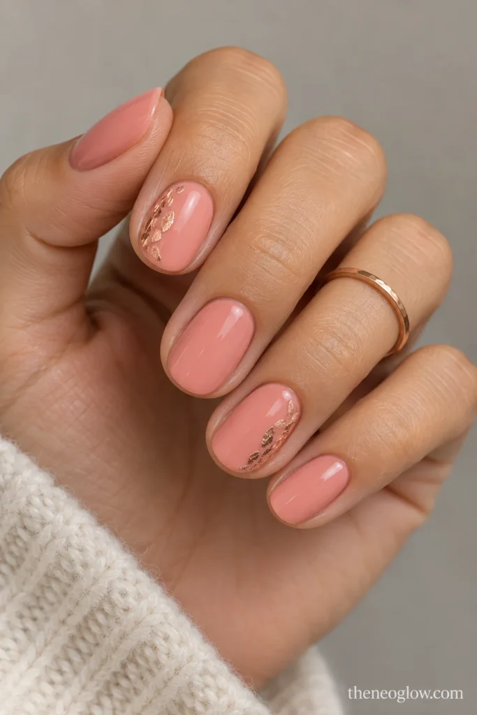 Short peach-rose oval nails with slim rose-gold foil pieces placed near the lower outer corners of accent nails.