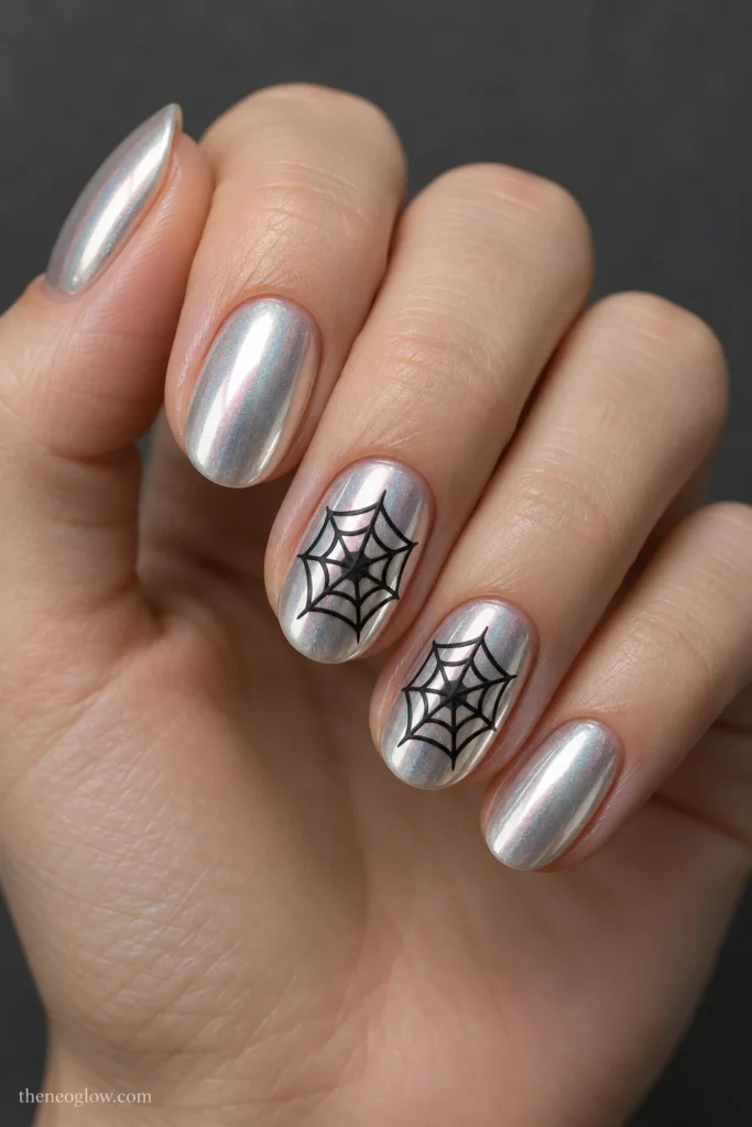 Medium-short oval pearl-chrome nails with small centered circular black spiderwebs on middle and ring fingers.