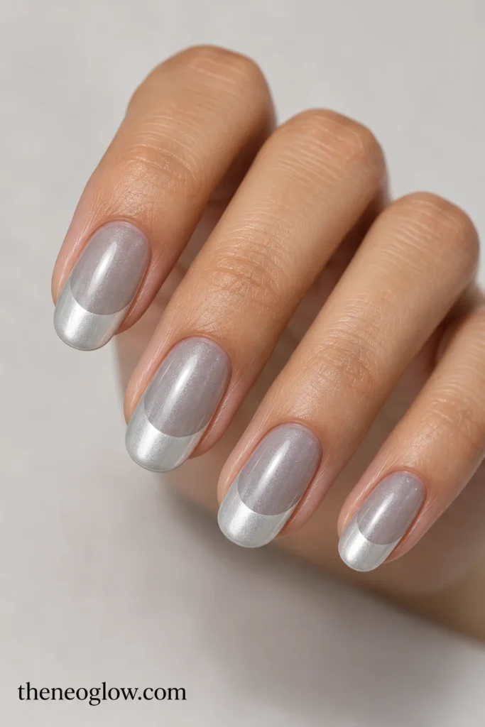 Medium oval nails with translucent cool silver-gray bases and wide curved pearl-silver French tips.