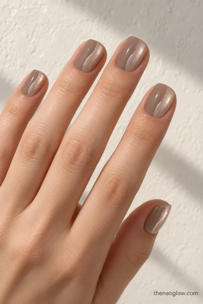 Short squoval mushroom-taupe nails with a softly curved pearl finish over the outer halves.