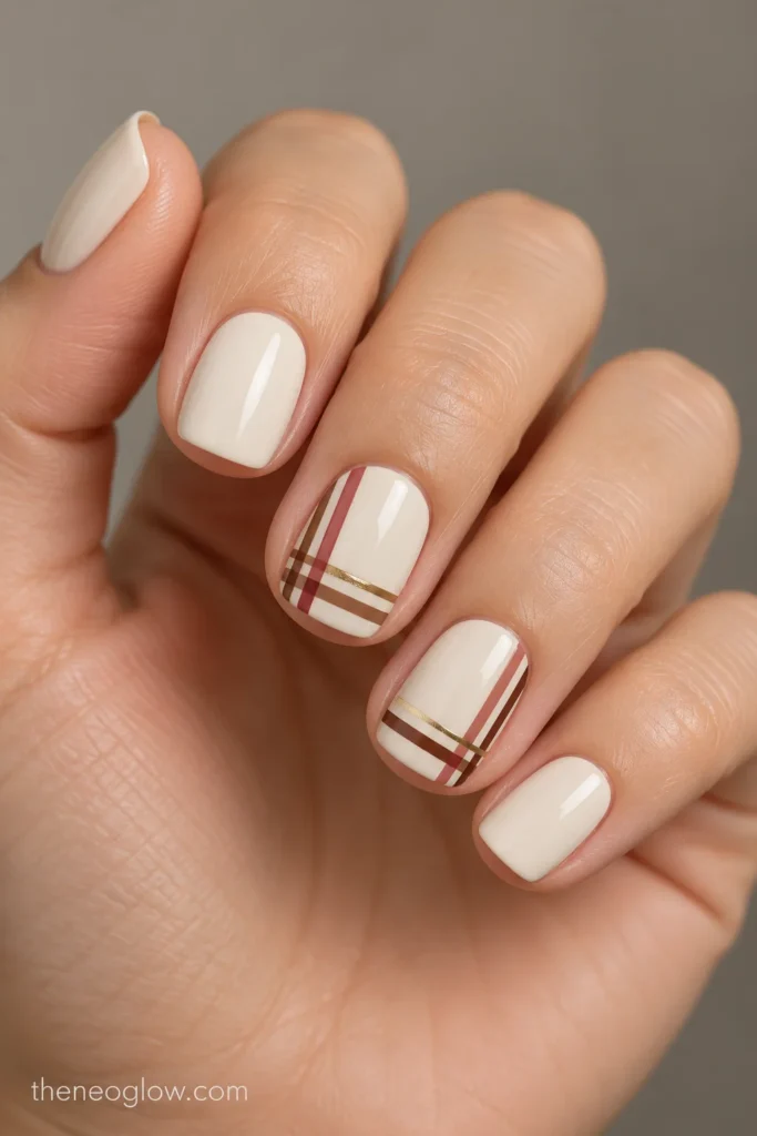 Short cream square nails with two small pecan, cranberry, and brass plaid corners.