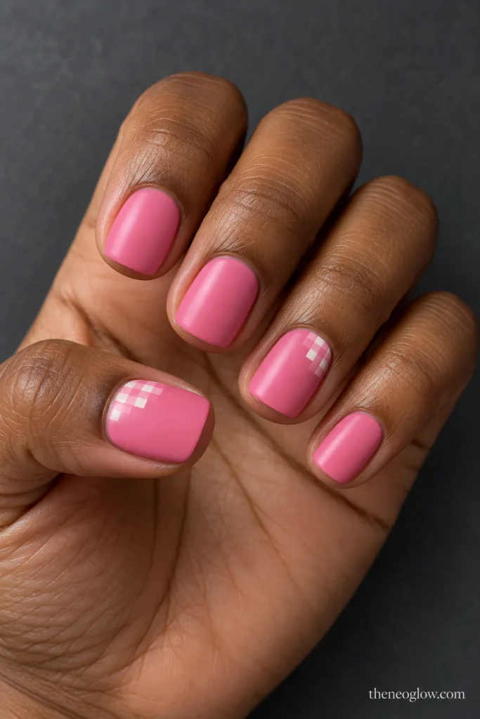 Short peony-pink satin square nails featuring small pale-pink and ivory gingham patches at the outer corners.