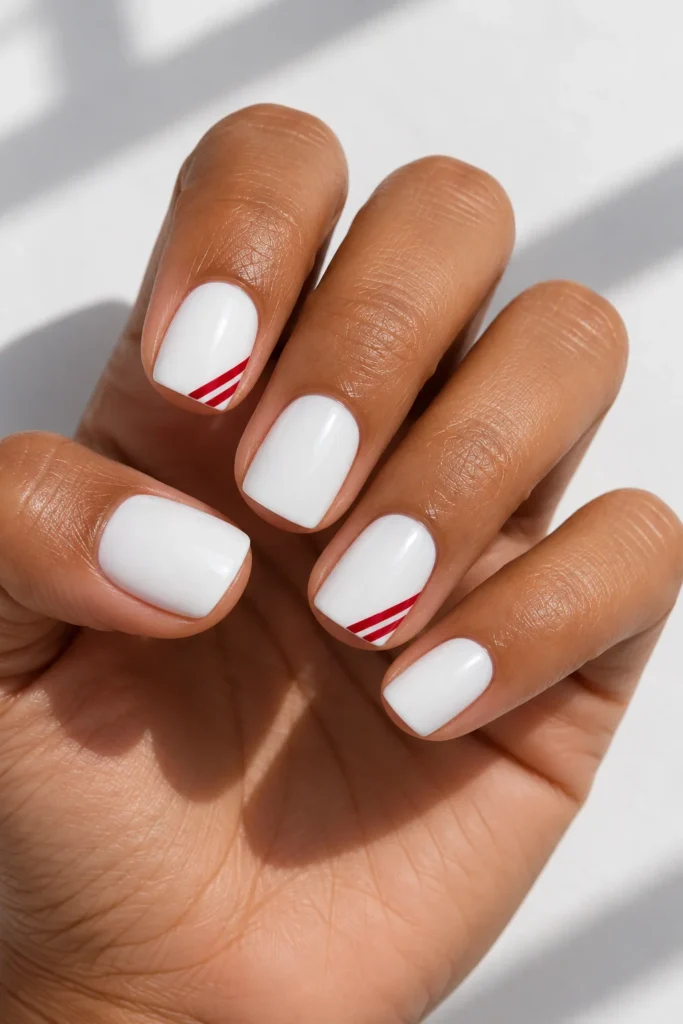 Short glossy white square nails with two parallel candy-red bars at the outer tip corners of index and ring fingers.