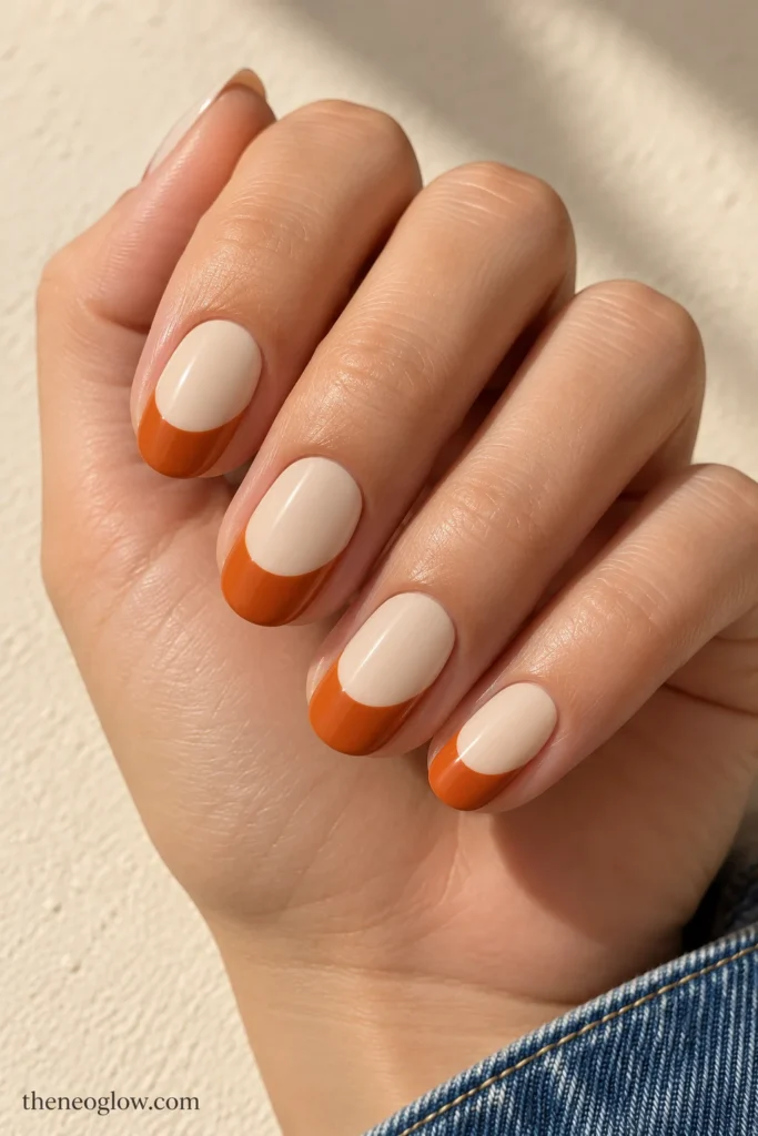 Medium oval sand-colored nails with deep persimmon-orange crescent tips.