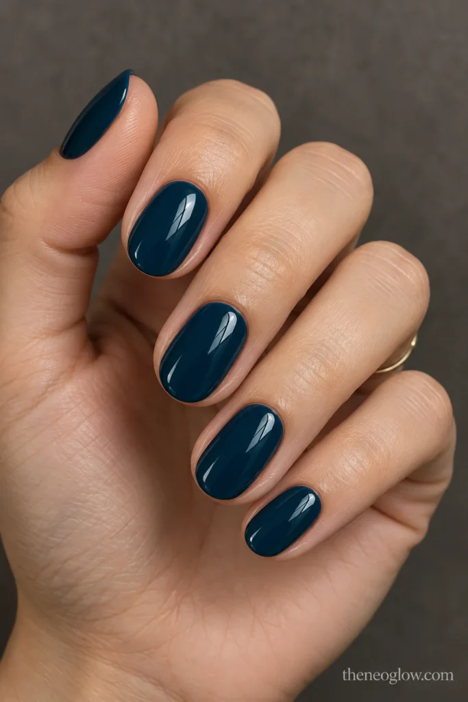 Short-to-medium oval nails in glossy opaque dark petrol blue.