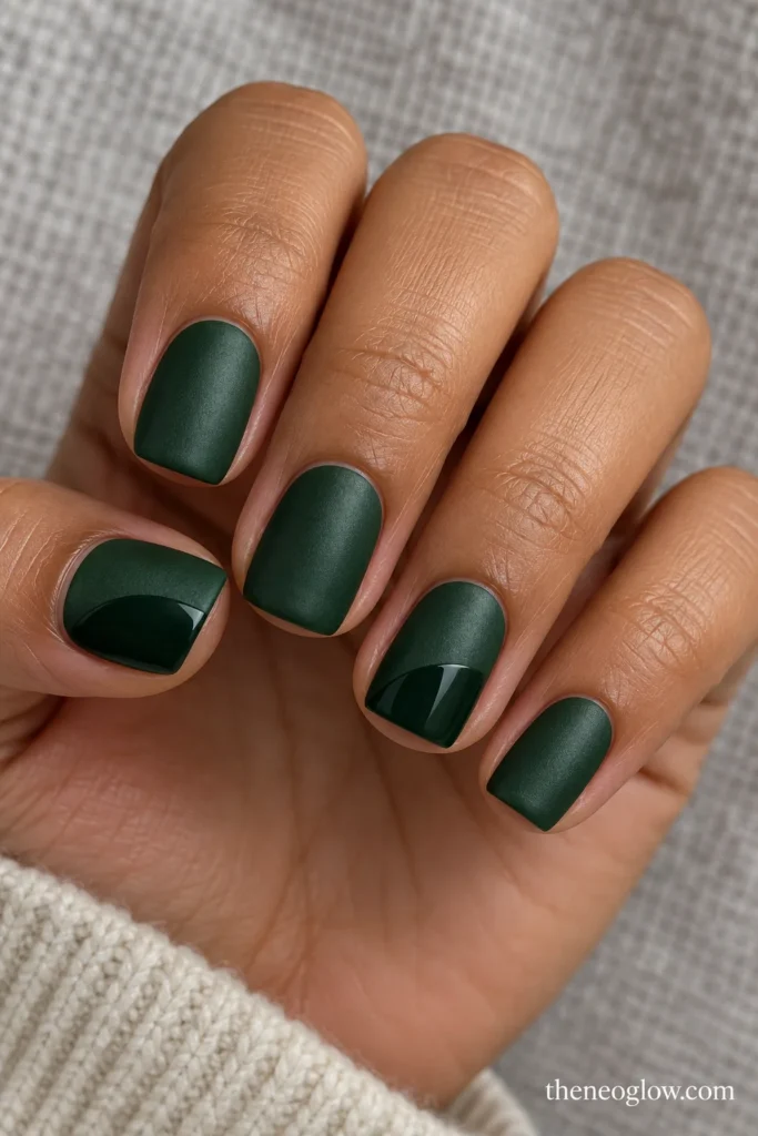 Short soft-square pine-green satin nails with darker glossy arches on the thumb and ring finger.