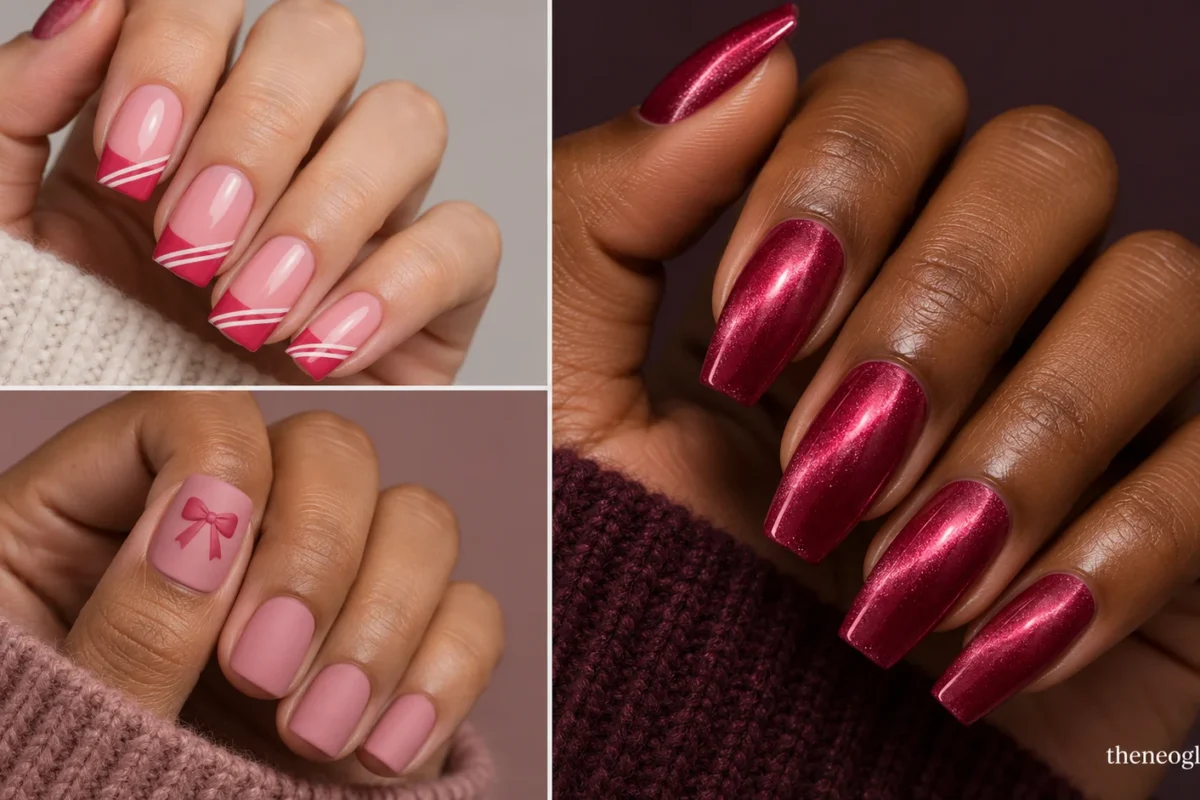 Three-part pink Christmas nail collage featuring raspberry candy-cane French tips, matte pink bows, and deep raspberry magnetic nails.