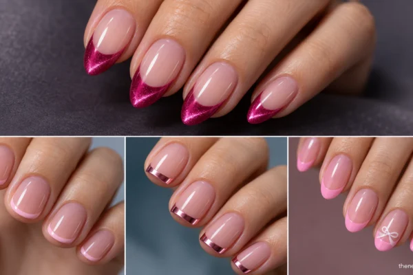 Four-photo collage of blush micro French tips, rose-pink chrome edges, magenta cat-eye tips, and pink French nails with a small white bow.