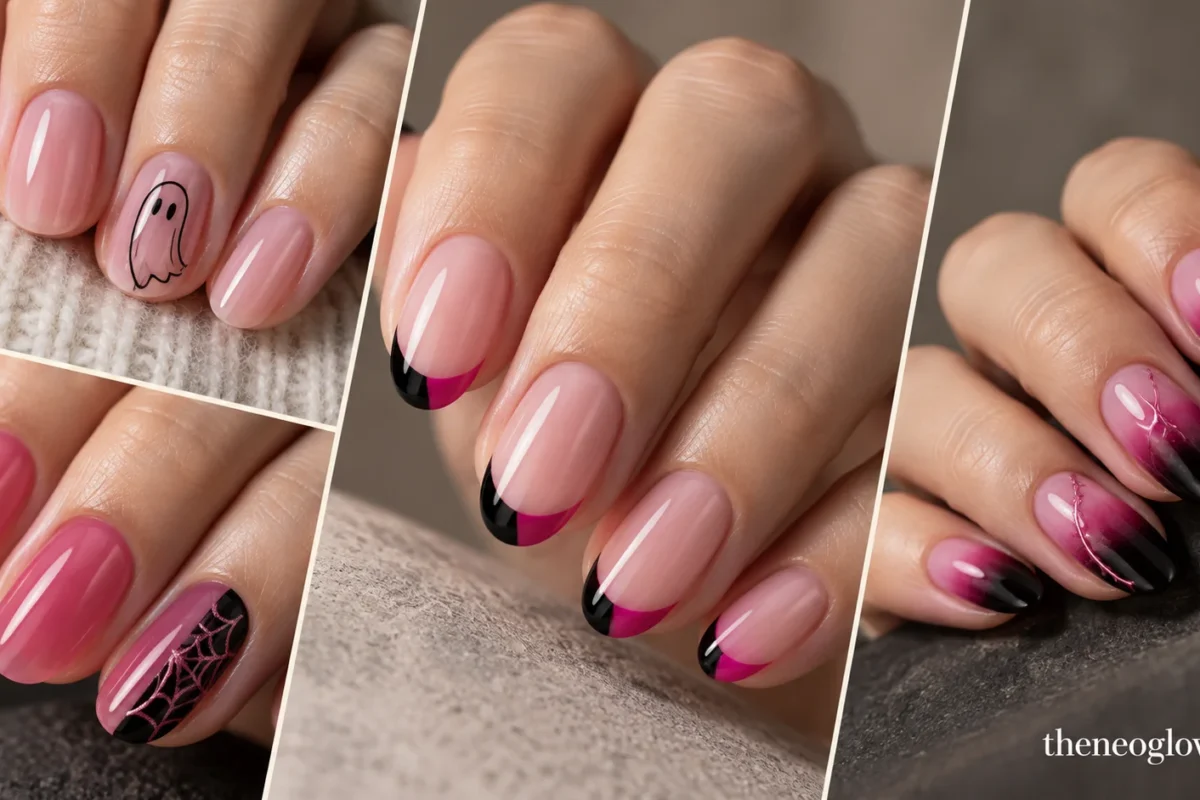 Editorial collage of blush ghost-outline nails, hot pink web-panel nails, black-and-fuchsia micro French tips, and black-to-magenta ombré nails.