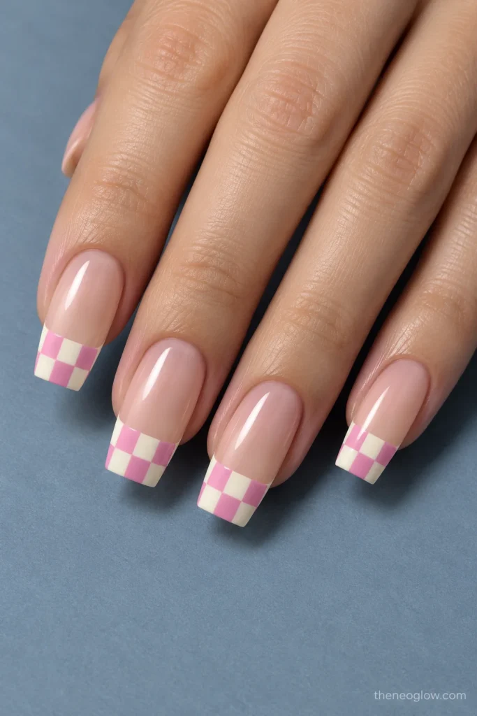 Medium coffin nails with alternating pink and ivory checkerboard patterns confined to the French tips.