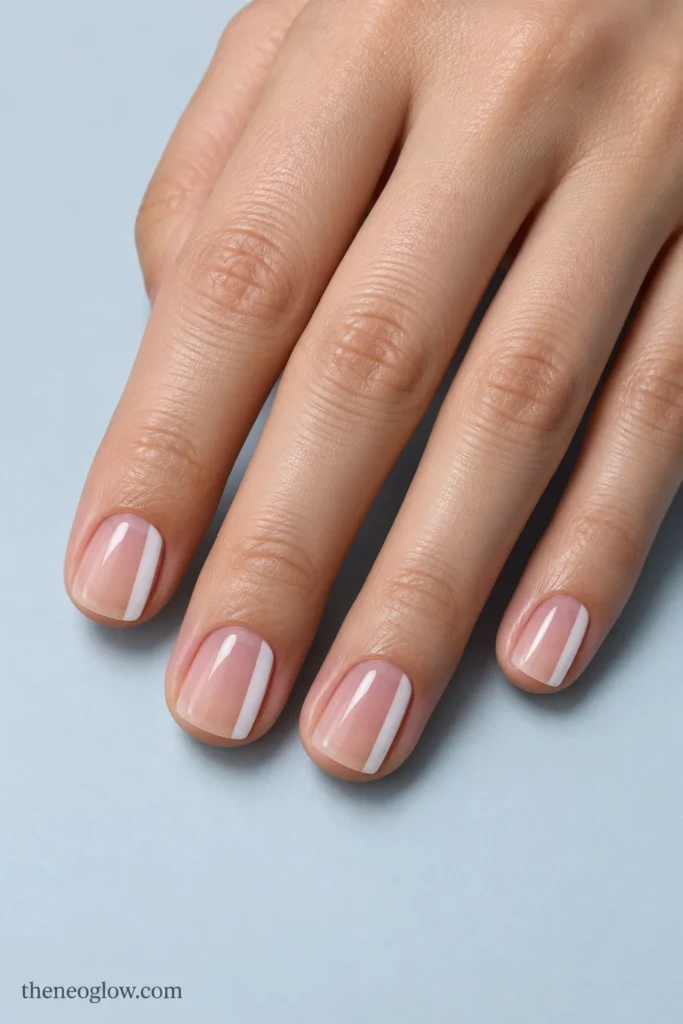 Extremely short sheer-pink square nails with one opaque white vertical rail along the outside edge of each nail.