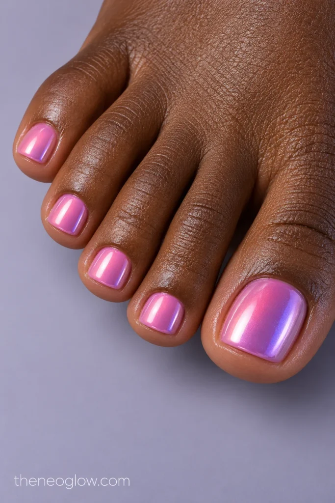 Cool pink chrome toenails shifting toward violet in angled light