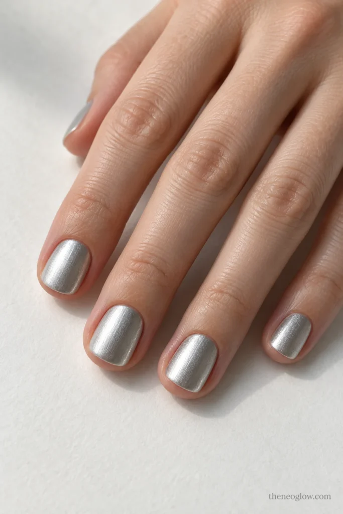 Extra-short squoval nails covered in smooth, opaque pale platinum-silver satin polish.