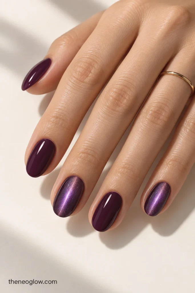Plum manicure with three glossy solid nails and two violet magnetic beam accents