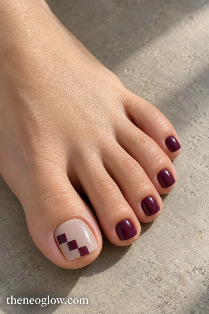 Pale taupe big toenail with three plum stair-step blocks and solid plum smaller toes