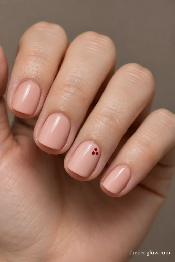 Extra-short blush square nails with three tiny red dots clustered near the ring-finger cuticle.