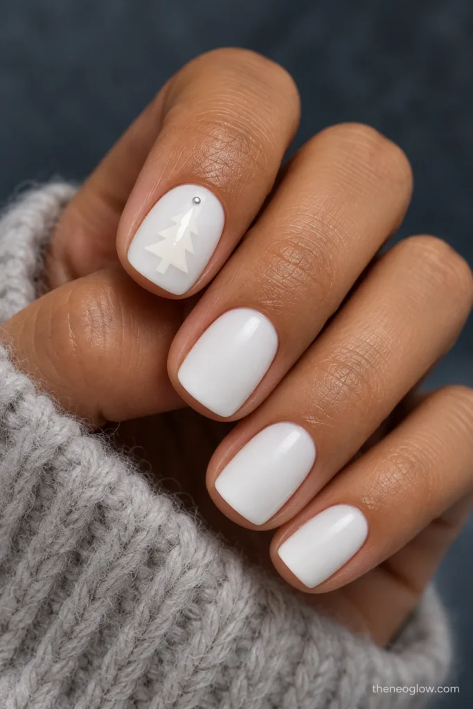 Short porcelain-white satin squoval nails with a glossy ivory fir-tree silhouette and a small silver dot on the thumbnail.