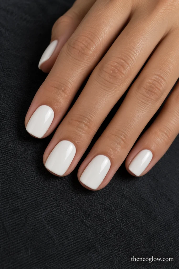 Short soft-square nails painted opaque cool off-white with an even ceramic-like gloss.