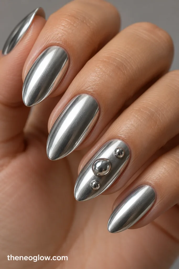 Medium silver almond nails with rounded raised silver droplets on the ring fingernail only.