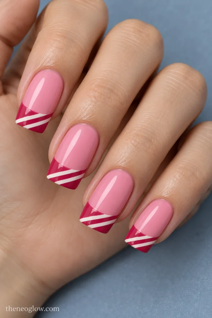 Medium square strawberry-pink nails with raspberry French tips and two diagonal ivory candy stripes across each tip.