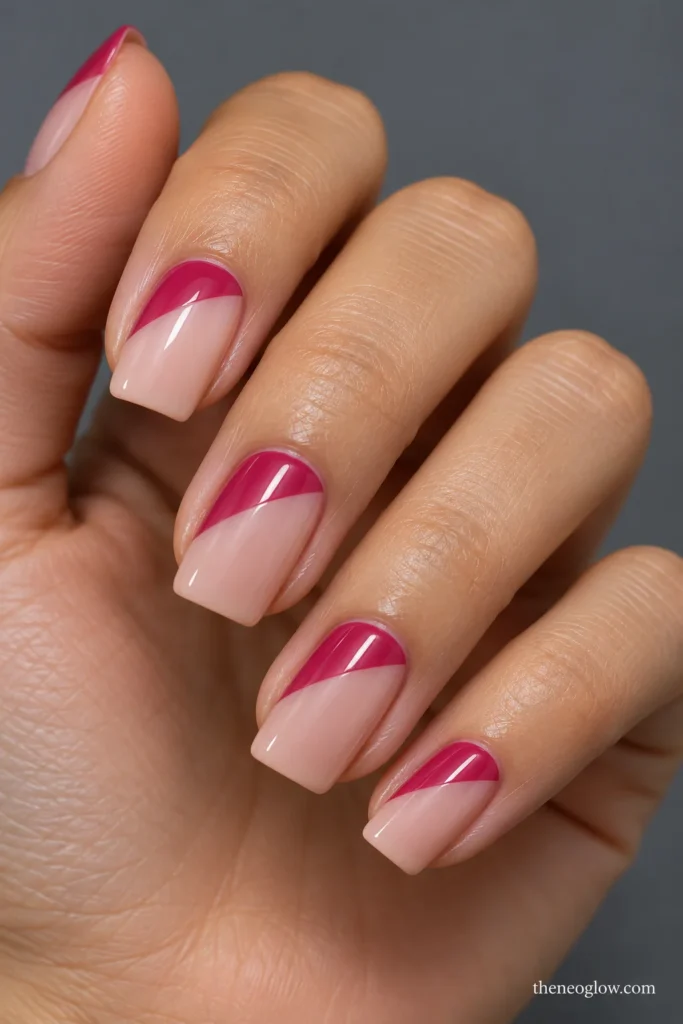 Medium soft-square nails with glossy raspberry-pink diagonal French wedges over translucent nude-pink bases.