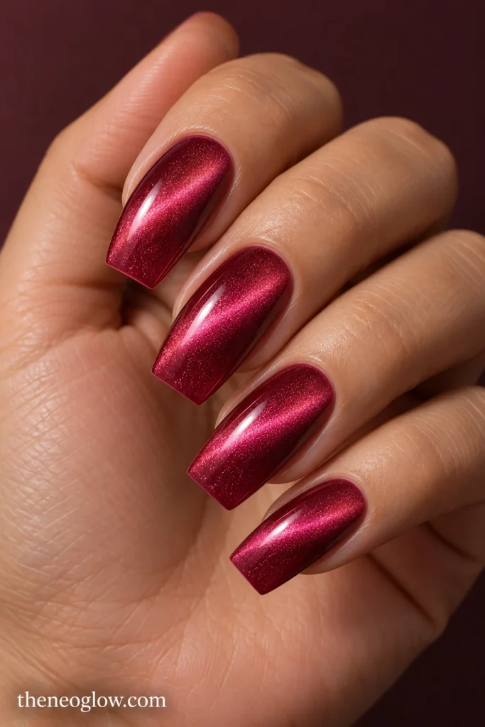 Medium coffin nails in deep raspberry-pink magnetic polish with diagonal luminous velvet bands.