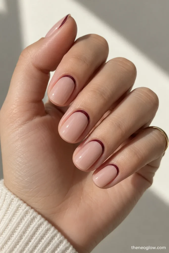 Neutral nails with a slim reverse French arc placed near the cuticle.