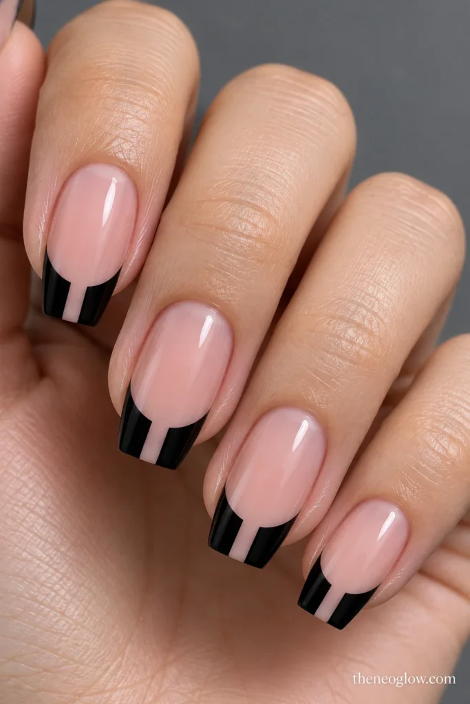 Squoval nails with a slim black contour following the right sidewall and part of the tip.