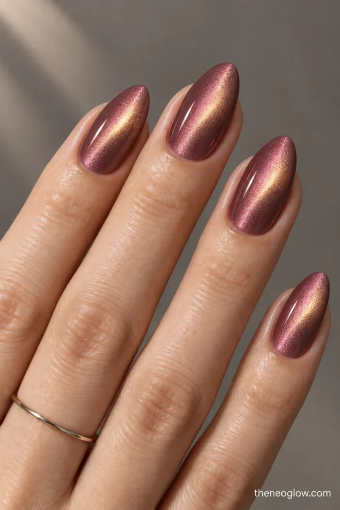 Medium almond nails with diagonal magnetic ribbons shifting from rose pink to warm gold